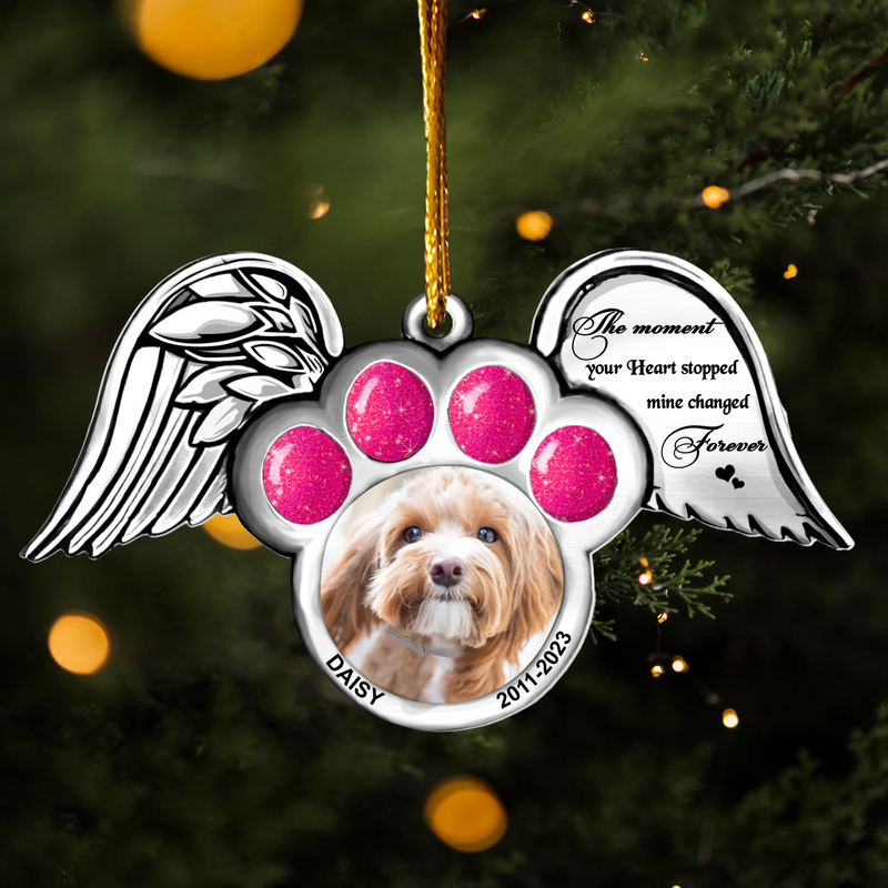 Personalized Memorial Dog Wings Aluminum Ornament - Memorial Gift Idea For Christmas - Upload Pet Photo - The Moment Your Heart Stopped Mine Changed Forever