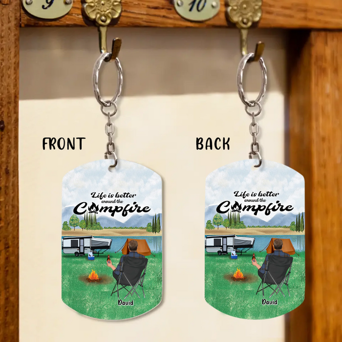 Personalized Camping Aluminum Keychain - Adult/Couple with Up to 3 Dogs/Cats - Gift Idea for Camping/Dog/Cat Lovers - Life Is Better Around The Campfire