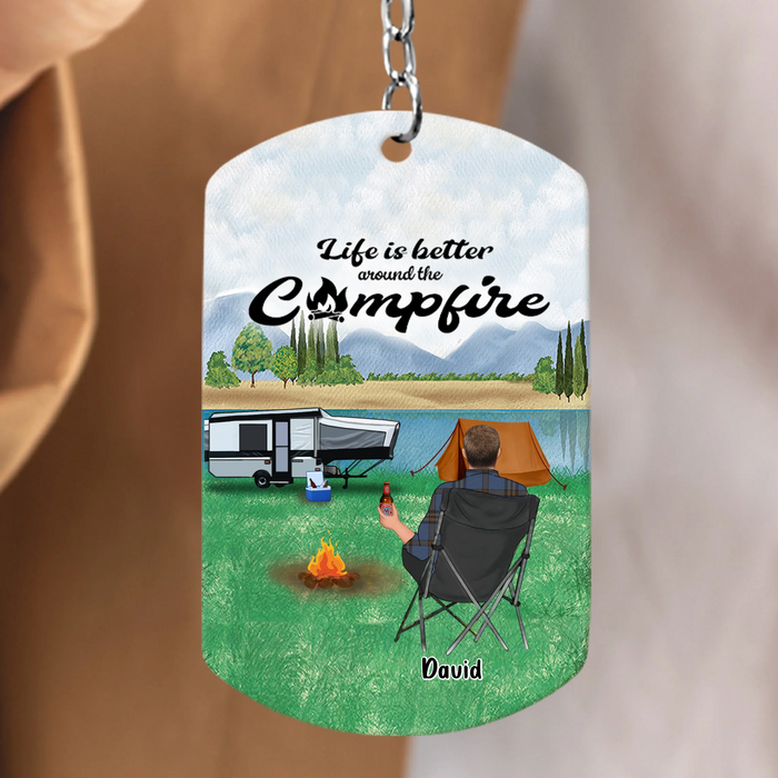Personalized Camping Aluminum Keychain - Adult/Couple with Up to 3 Dogs/Cats - Gift Idea for Camping/Dog/Cat Lovers - Life Is Better Around The Campfire