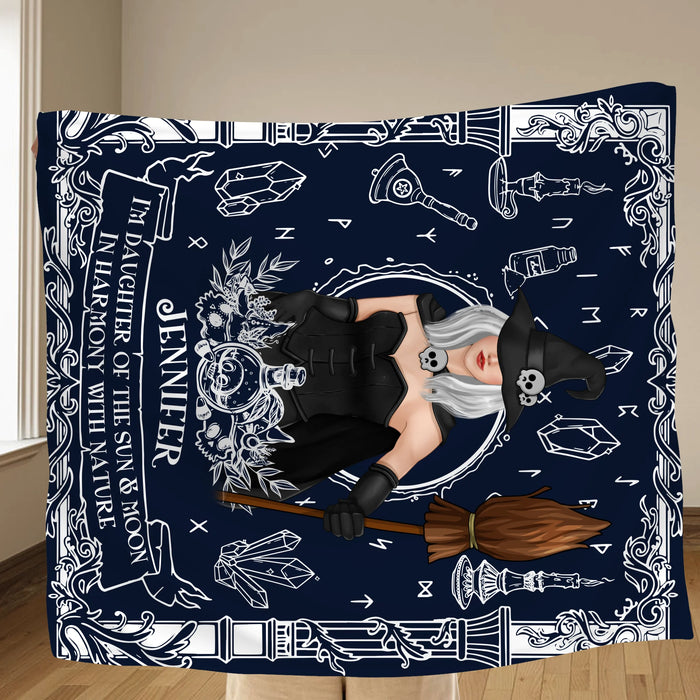 Custom Personalized Witch Fleece Throw/ Quilt Blanket - Mystical Gift for Witch Lovers, Sister, Mom, Friend - I'm The Daughter Of The Sun & Moon
