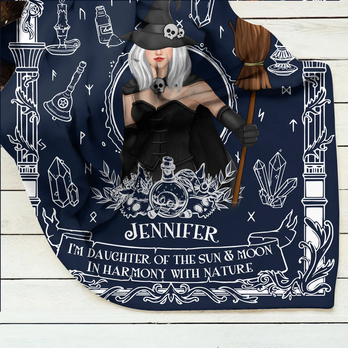 Custom Personalized Witch Fleece Throw/ Quilt Blanket - Mystical Gift for Witch Lovers, Sister, Mom, Friend - I'm The Daughter Of The Sun & Moon