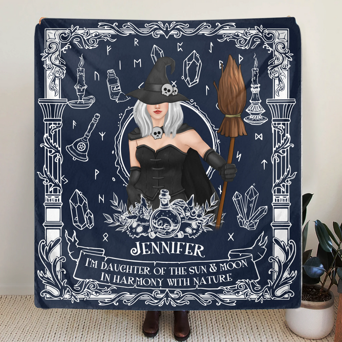 Custom Personalized Witch Fleece Throw/ Quilt Blanket - Mystical Gift for Witch Lovers, Sister, Mom, Friend - I'm The Daughter Of The Sun & Moon