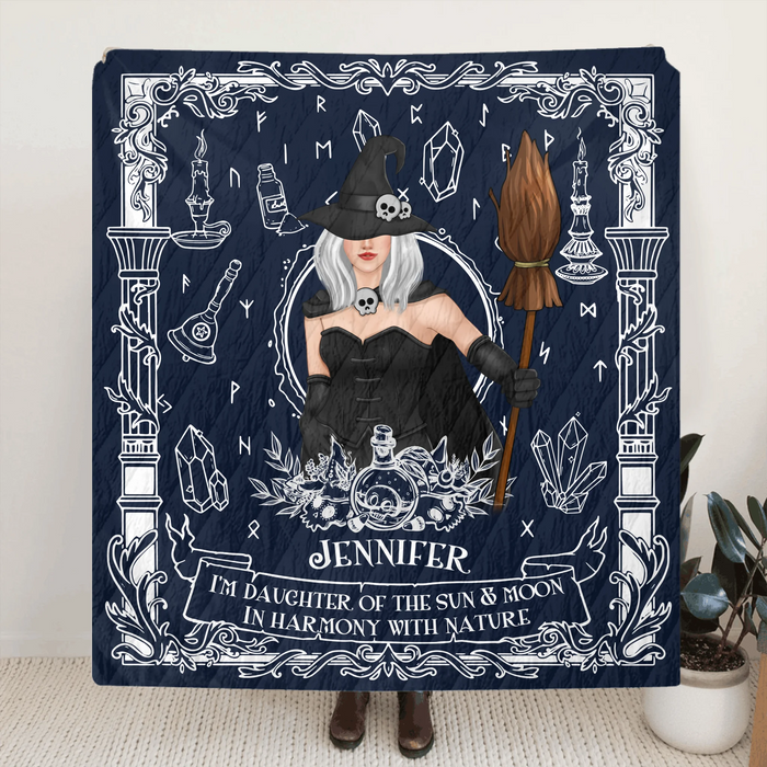Custom Personalized Witch Fleece Throw/ Quilt Blanket - Mystical Gift for Witch Lovers, Sister, Mom, Friend - I'm The Daughter Of The Sun & Moon