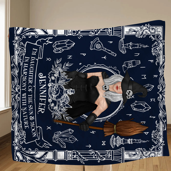 Custom Personalized Witch Fleece Throw/ Quilt Blanket - Mystical Gift for Witch Lovers, Sister, Mom, Friend - I'm The Daughter Of The Sun & Moon