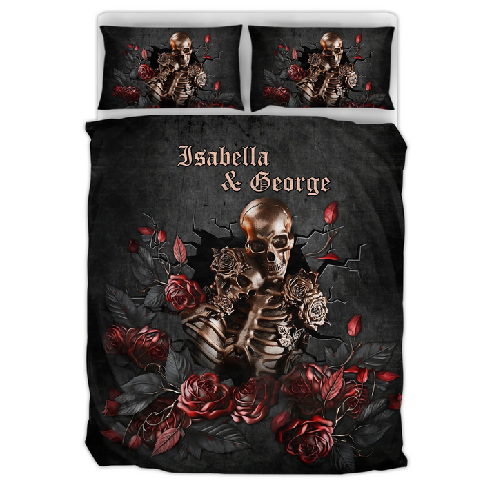 Custom Personalized Gothic Skull Quilt Bedding Set - Romantic Skeleton Couple Gift - Unique Gift For Him, Her, Anniversary