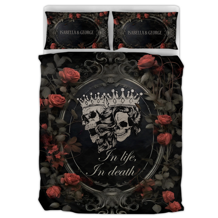Custom Personalized Gothic Skull Couple Quilt Bed Sets – In Life, In Death – Romantic Gothic Gift for Couples