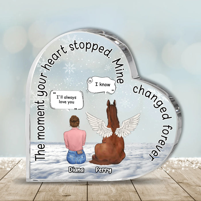 Personalized Memorial Horse Crystal Heart - Up to 4 Horses - Memorial Gift Idea For Horse Owners - The Moment Your Heart Stopped Mine Changed Forever