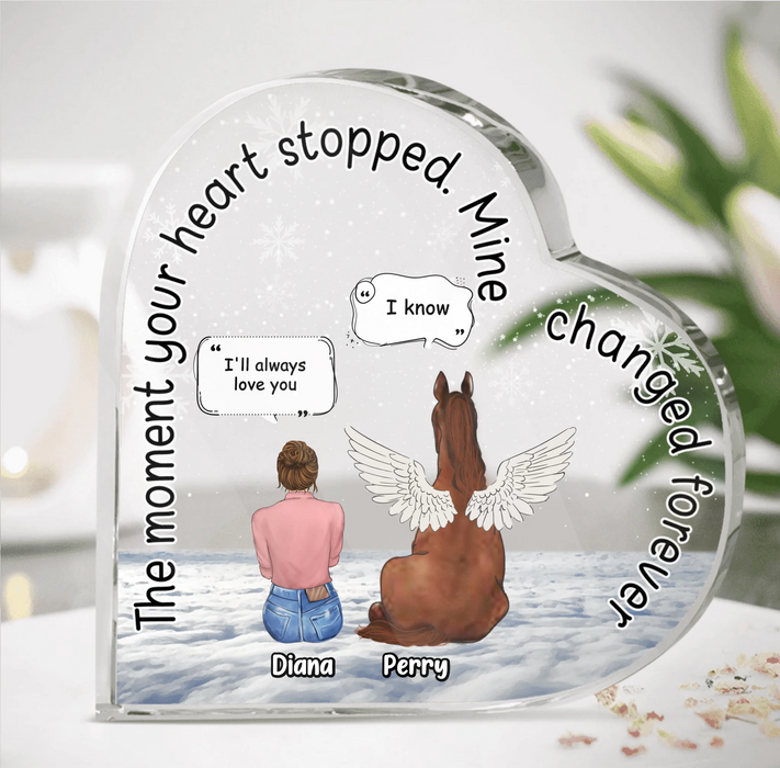 Personalized Memorial Horse Crystal Heart - Up to 4 Horses - Memorial Gift Idea For Horse Owners - The Moment Your Heart Stopped Mine Changed Forever