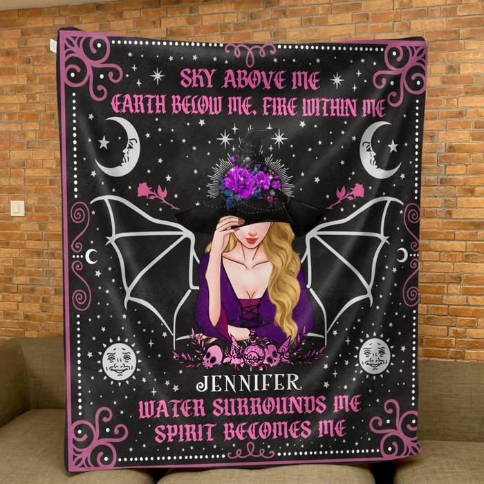 Personalized Witch Fleece Throw Blanket/ Quilt Blanket - Halloween Gift Idea - Sky Above Me, Earth Below Me, Fire Within Me