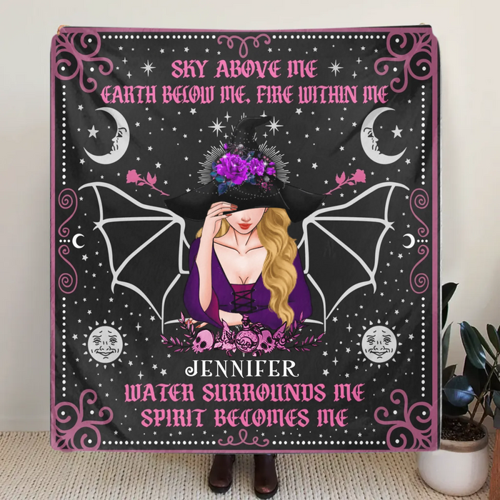 Personalized Witch Fleece Throw Blanket/ Quilt Blanket - Halloween Gift Idea - Sky Above Me, Earth Below Me, Fire Within Me