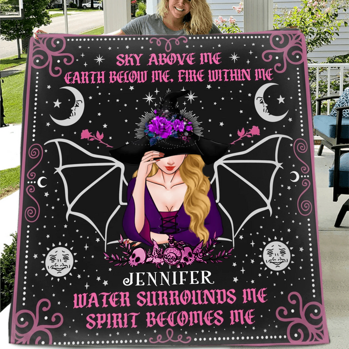 Personalized Witch Fleece Throw Blanket/ Quilt Blanket - Halloween Gift Idea - Sky Above Me, Earth Below Me, Fire Within Me