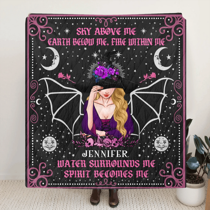 Personalized Witch Fleece Throw Blanket/ Quilt Blanket - Halloween Gift Idea - Sky Above Me, Earth Below Me, Fire Within Me
