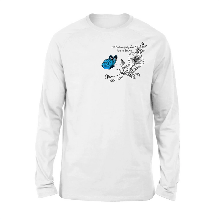 Personalized Memorial Butterfly Shirt/Hoodie - Gift Idea For Loss Of Family Member - A Piece Of My Heart Lives In Heaven