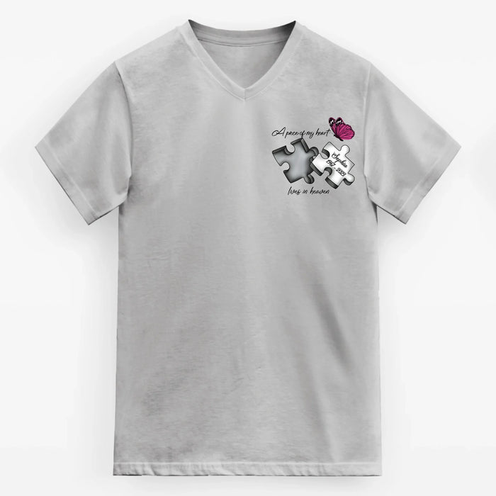 Personalized Memorial V-Neck T-Shirt - Memorial Gift Idea for Mother's Day/Father's Day - A Piece Of My Heart Lives In Heaven