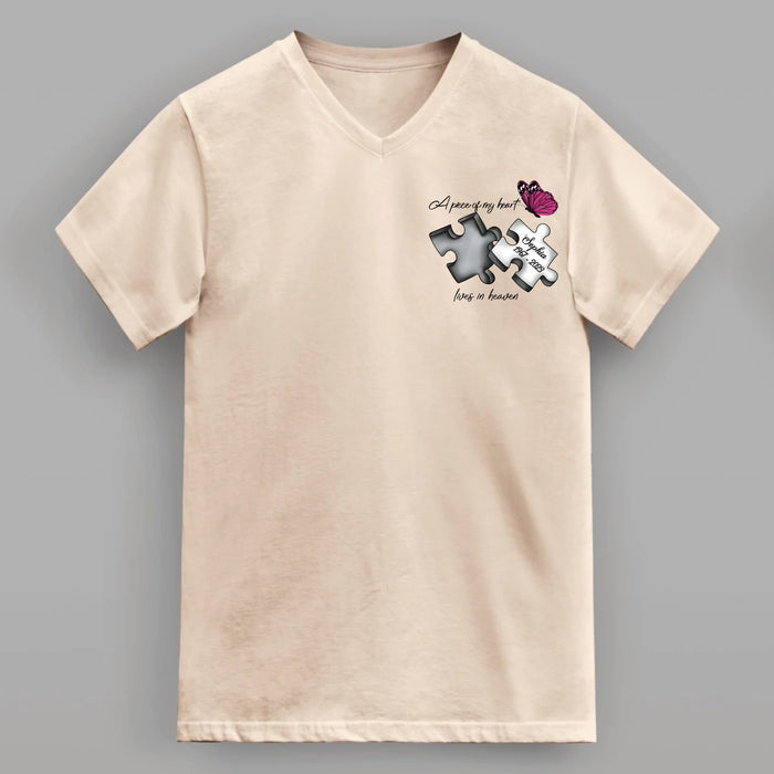 Personalized Memorial V-Neck T-Shirt - Memorial Gift Idea for Mother's Day/Father's Day - A Piece Of My Heart Lives In Heaven