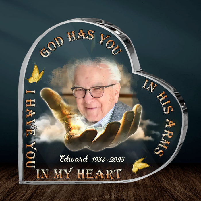 Personalized Memorial Crystal Heart - Upload Photo - Memorial Gift Idea For Family Members - God Has you In His Arms I Have You In My Heart