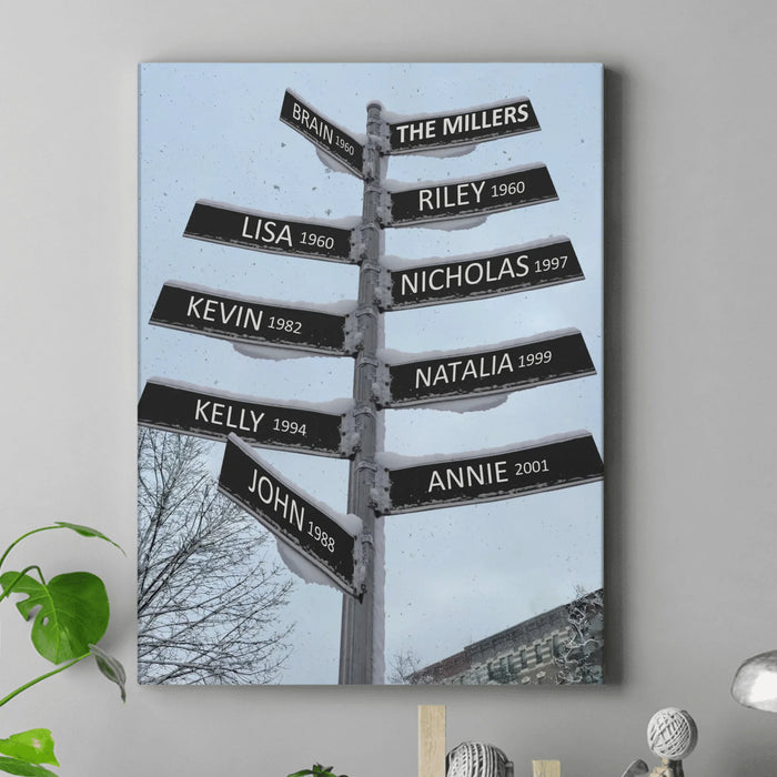 Personalized Street Sign In Snowing Sky Canvas - Up to 9 Members - Gift Idea For Family