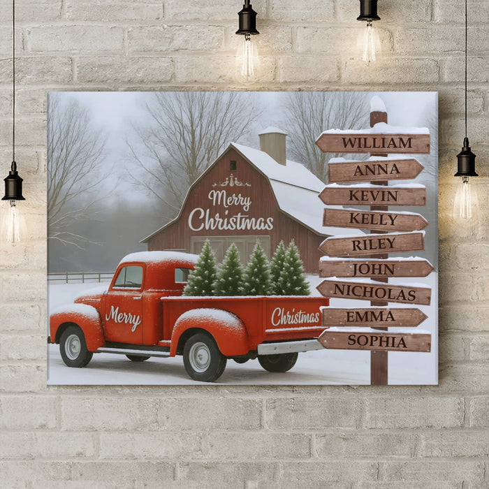 Personalized Street Sign In Red Truck Background Canvas - Gift Idea For Family - Up to 9 Members