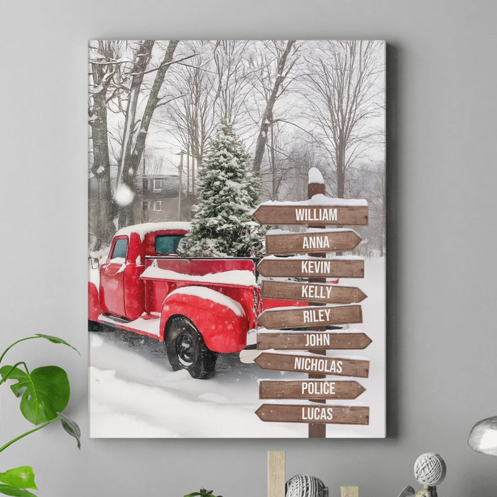 Personalized Street Sign In Red Truck On Way Background Canvas - Gift Idea For Family With Up To 9 Members