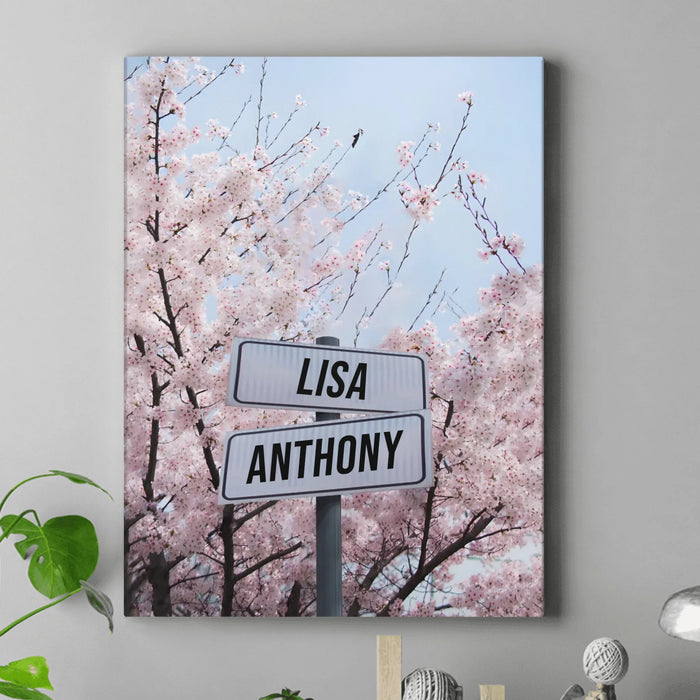 Personalized Street Sign In Cherry Blossom Canvas - Gift Idea For Family/ Friend With Up to 9 Members