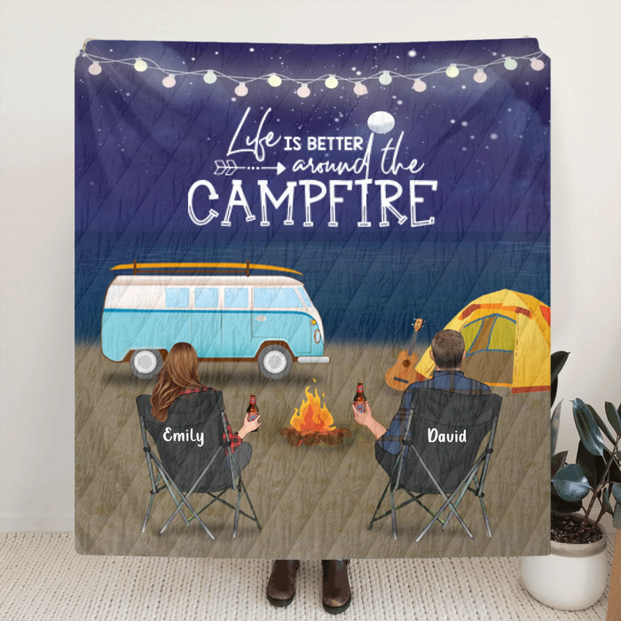 Personalized Camping Quilt/Fleece Blanket - Gift for Whole Family, Camping Lovers - Couple/Parents with Up to 6 Kids Night Beach Camping - Life is better around the campfire