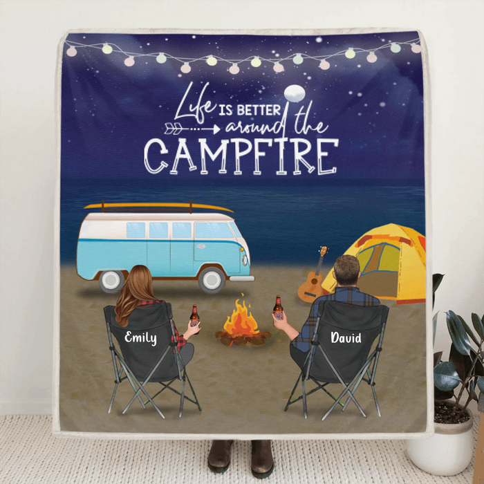 Personalized Camping Quilt/Fleece Blanket - Gift for Whole Family, Camping Lovers - Couple/Parents with Up to 6 Kids Night Beach Camping - Life is better around the campfire