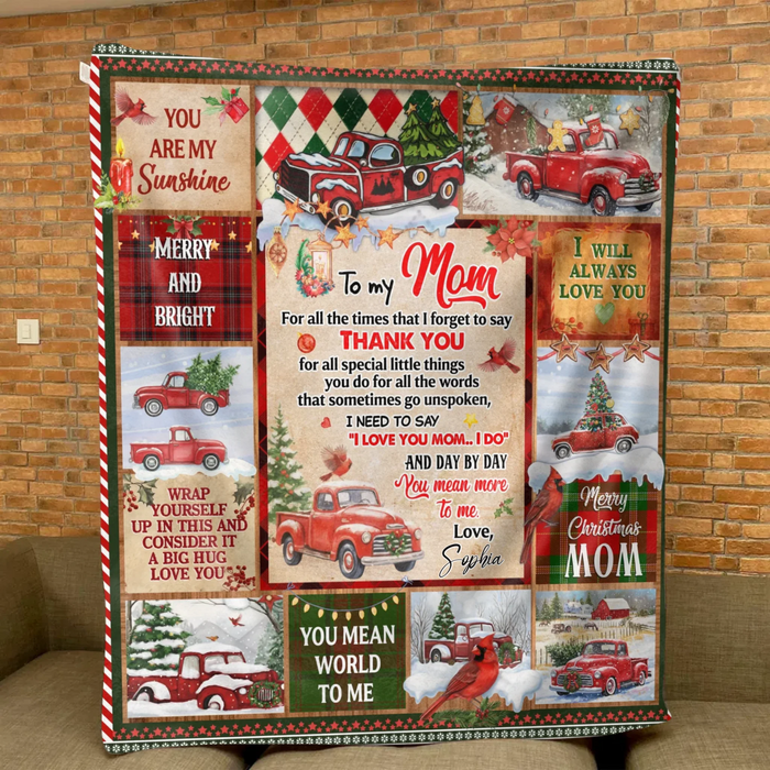 Personalized Christmas Fleece Throw Blanket / Quilt for Mom - You Are My Sunshine, Thank You Mom - Holiday Gift from Daughter or Son