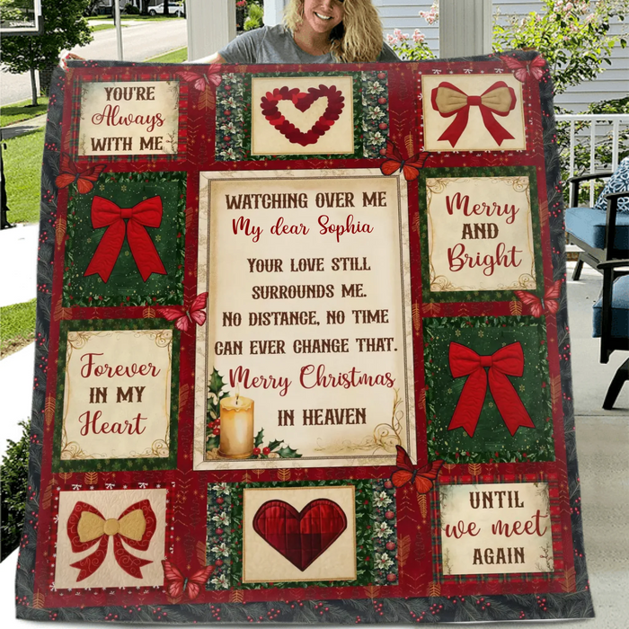 Personalized Christmas Memorial Fleece Throw Blanket / Quilt - Custom Name - Merry Christmas in Heaven - Sympathy Gift for Loss of Loved One