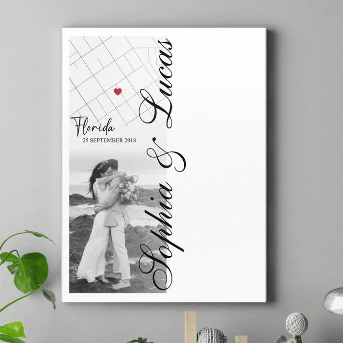 Personalized Couple Map Canvas – Custom Location Map, Photo & Song Lyrics – Romantic Anniversary or Wedding Gift