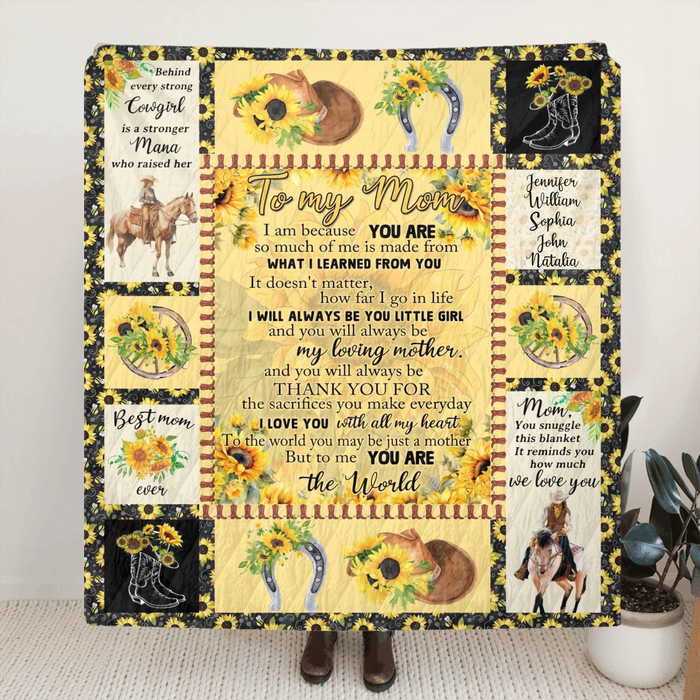 Personalized To My Mom Sunflower Fleece Throw Blanket/ Quilt – Cowgirl Theme with Up to 5 Kids’ Names – Heartfelt Mother’s Day or Birthday Gift
