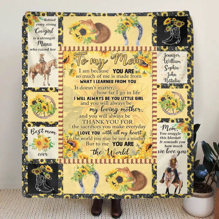 Personalized To My Mom Sunflower Fleece Throw Blanket/ Quilt – Cowgirl Theme with Up to 5 Kids’ Names – Heartfelt Mother’s Day or Birthday Gift