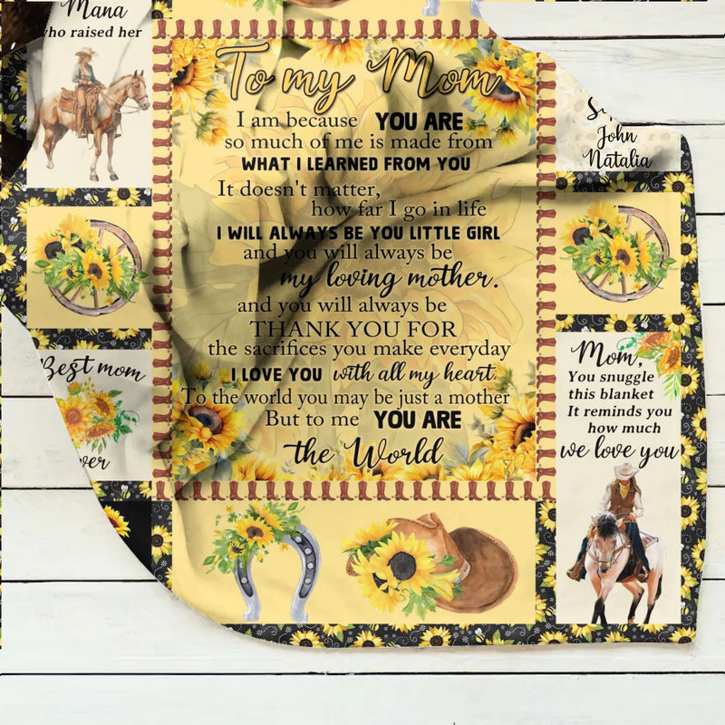 Personalized To My Mom Sunflower Fleece Throw Blanket/ Quilt – Cowgirl Theme with Up to 5 Kids’ Names – Heartfelt Mother’s Day or Birthday Gift