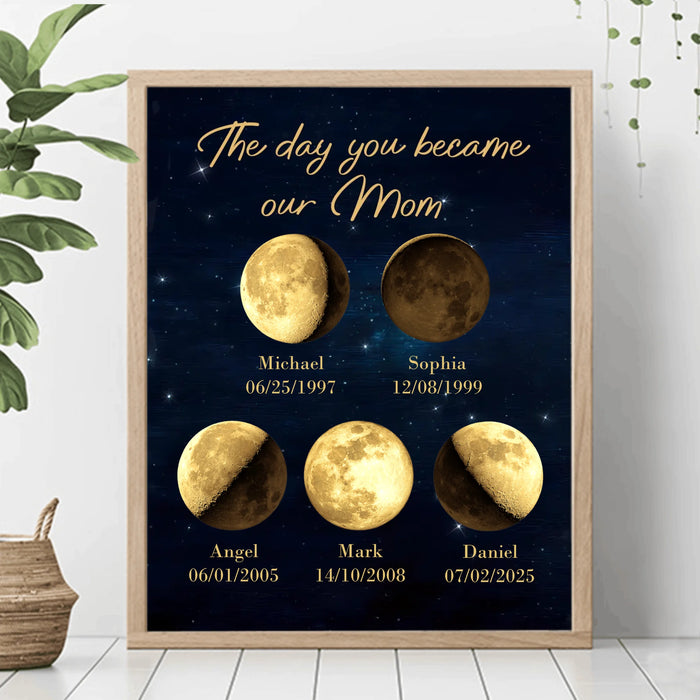 Personalized Moon Phase Poster – The Day You Became Our Mom – Custom Kids’ Birth Dates Moon Art Print – Unique Mother’s Day Gift, Mom Birthday Gift, Family Wall Decor