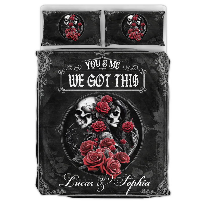Personalized Gothic Skull Couple Quilt Bed Sets – You & Me We Got This – Custom Name Lovers Bed Set, Red Rose Skeleton Romance, Gothic Anniversary Gift