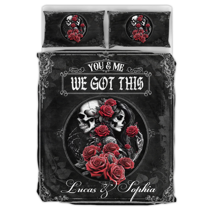 Personalized Gothic Skull Couple Quilt Bed Sets – You & Me We Got This – Custom Name Lovers Bed Set, Red Rose Skeleton Romance, Gothic Anniversary Gift