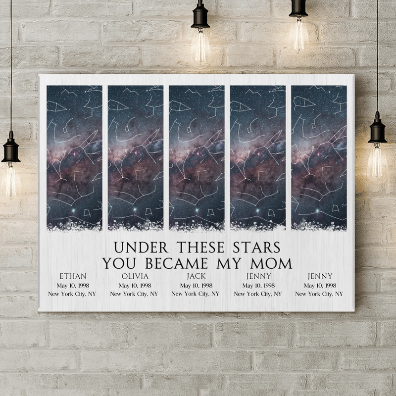 Personalized Star Map Canvas – Under These Stars You Became My Mom – Custom Kids Names & Birth Dates, Night Sky Constellation Print, Mother’s Day Gift