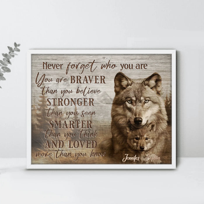 Personalized Wolf Parent & Child Poster - “Never Forget Who You Are” - Custom Names, Inspirational Gift for Daughter or Son