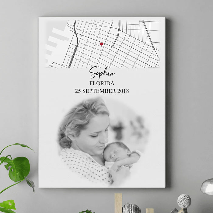Personalized Birth Location Map Canvas - Custom Baby Photos, Name, Date & Birthplace Marker - Newborn Arrival Gift, Mom Keepsake, Nursery Wall Art