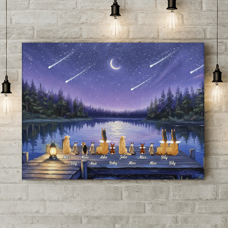Personalized Pet Night Sky Canvas – Custom Up to 12 Pets – Pet Family Lake Scene Wall Art/ Decor Gift