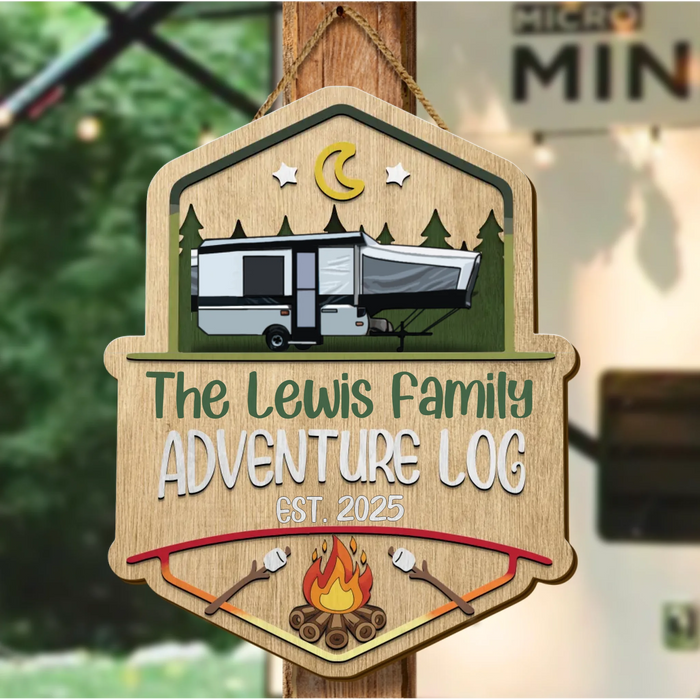 Personalized Camping Wooden Sign – Custom Family Name RV & Campfire – Rustic Outdoor Decor for Camper, RV Lovers, Family Camping Gift