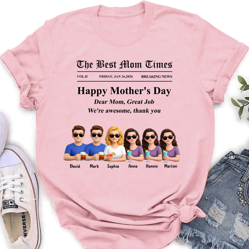 Personalized Mother’s Day Newspaper Shirt/ Hoodie – The Best Mom Times Family – Custom Mom with up to 5 Kids – Funny Thank You Mom Gift for Mother’s Day, Birthday & Family Anniversary