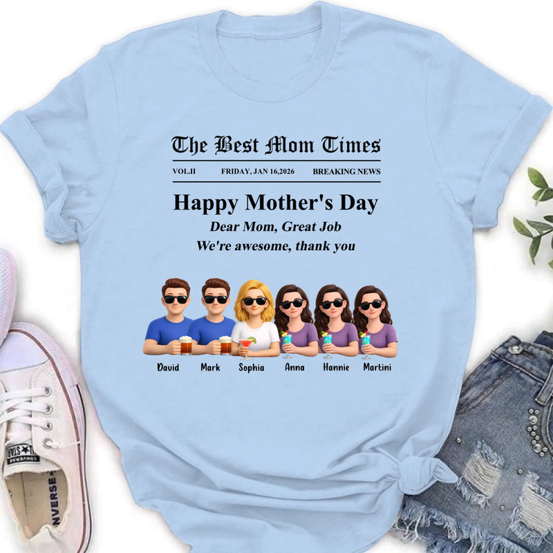 Personalized Mother’s Day Newspaper Shirt/ Hoodie – The Best Mom Times Family – Custom Mom with up to 5 Kids – Funny Thank You Mom Gift for Mother’s Day, Birthday & Family Anniversary