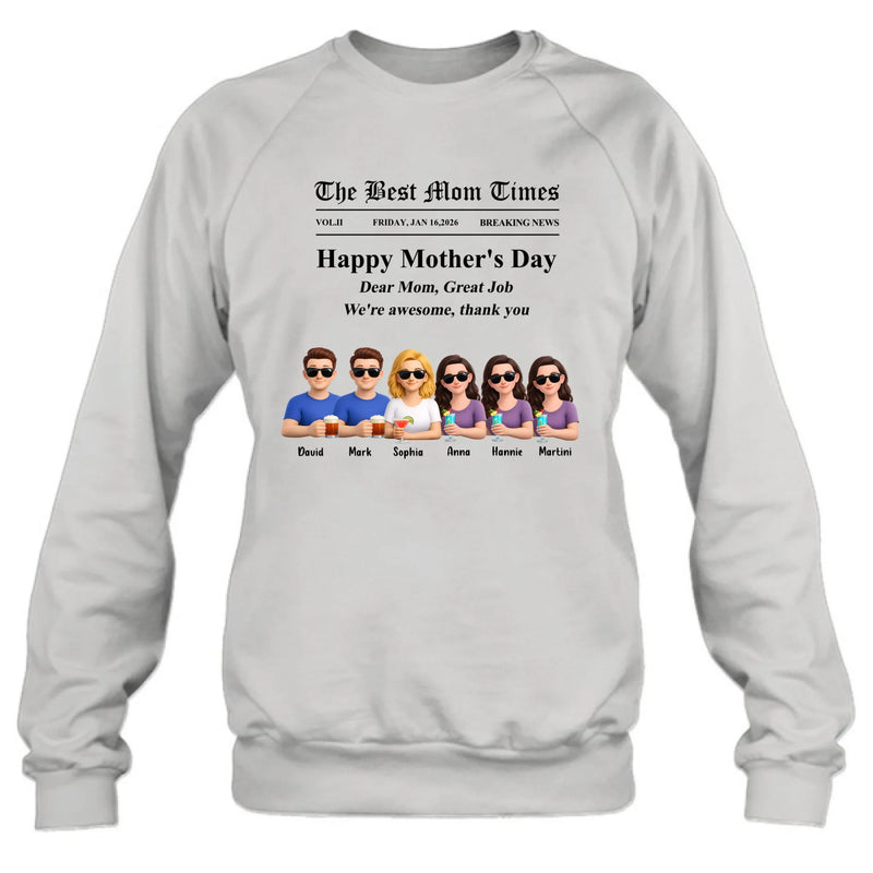 Personalized Mother’s Day Newspaper Shirt/ Hoodie – The Best Mom Times Family – Custom Mom with up to 5 Kids – Funny Thank You Mom Gift for Mother’s Day, Birthday & Family Anniversary