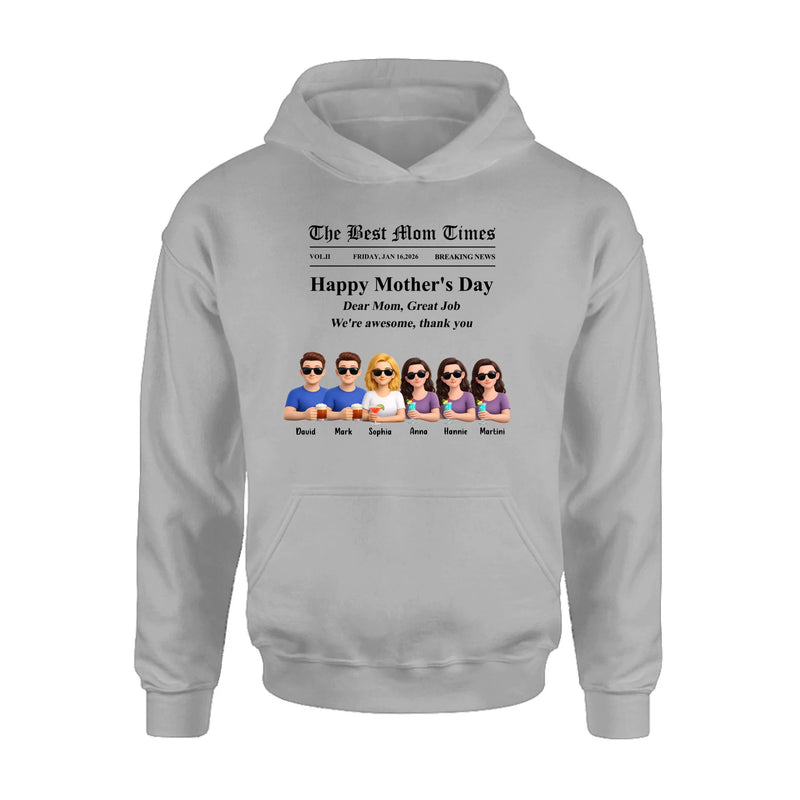 Personalized Mother’s Day Newspaper Shirt/ Hoodie – The Best Mom Times Family – Custom Mom with up to 5 Kids – Funny Thank You Mom Gift for Mother’s Day, Birthday & Family Anniversary