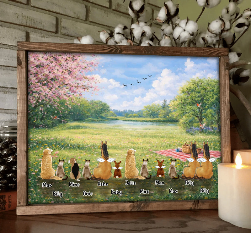 Personalized Spring Pet Poster – Custom Up to 12 Pets with Names – Peaceful Spring Meadow Scene – Pet Memorial & Family Pets Decor