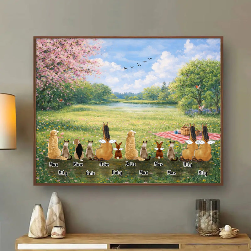 Personalized Spring Pet Poster – Custom Up to 12 Pets with Names – Peaceful Spring Meadow Scene – Pet Memorial & Family Pets Decor
