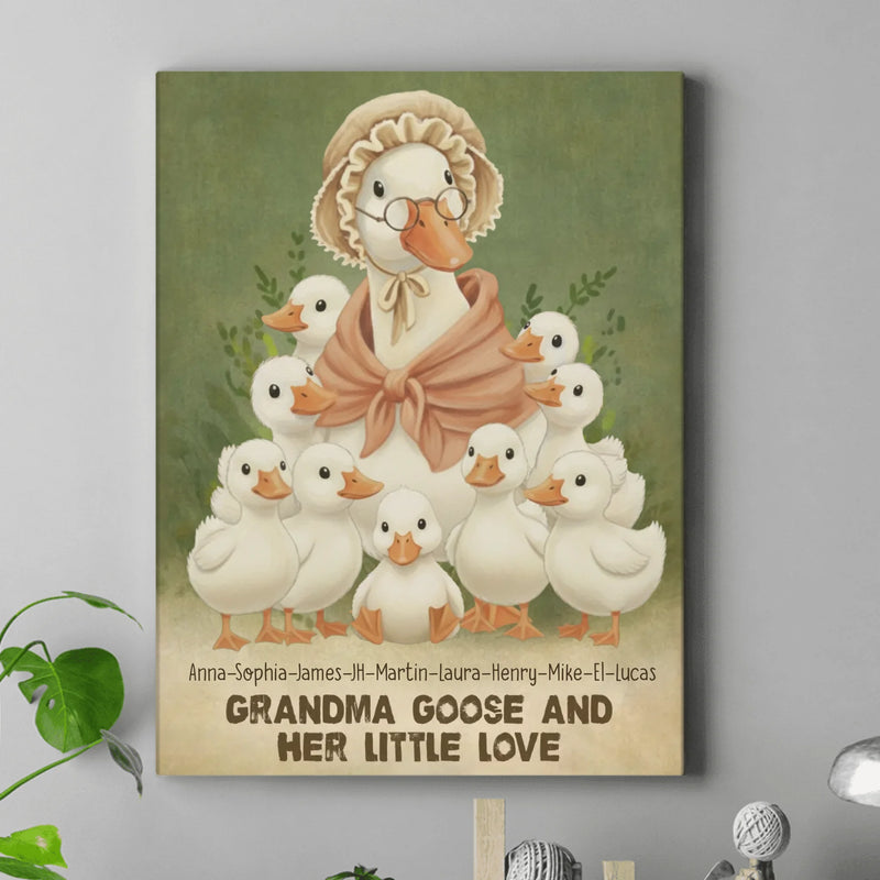 Personalized Grandma Goose Canvas – Custom Names with Grandkids with up to 9 Kids – Grandma Goose and Her Little Loves Wall Art
