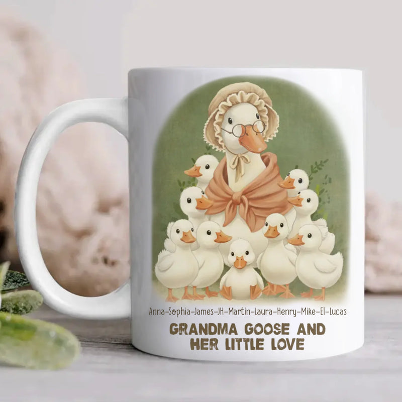 Personalized Grandma Goose Coffee Mug – Custom Names with Grandkids with up to 9 Kids – Grandma Goose and Her Little Love