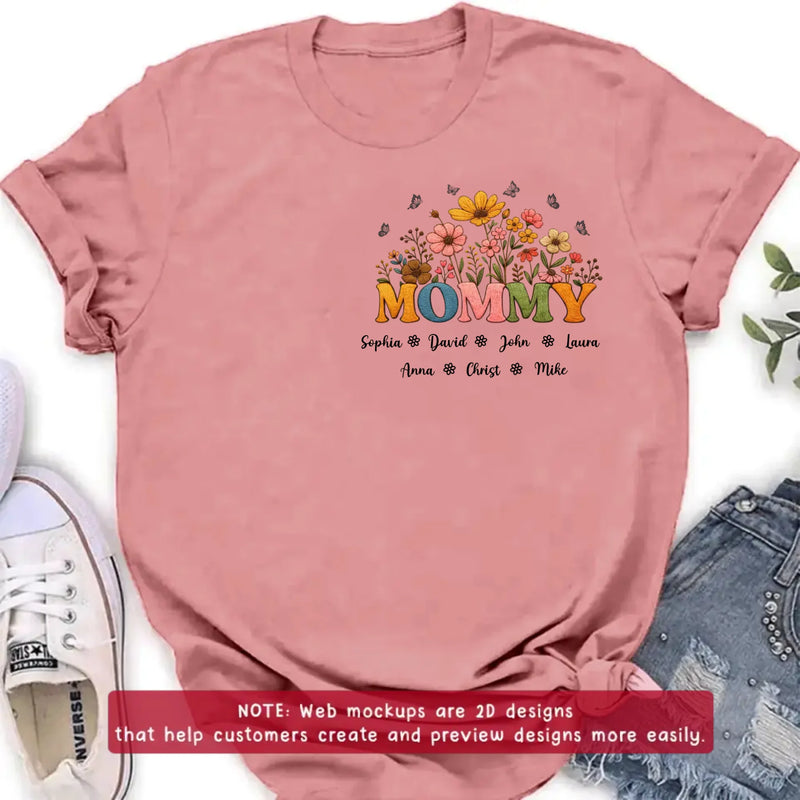 Personalized Mommy Birth Flower Embroidered Shirt/ Hoodie - Custom Kids Names Floral Mother’s Day Gift for Mom with up to 7 Kids