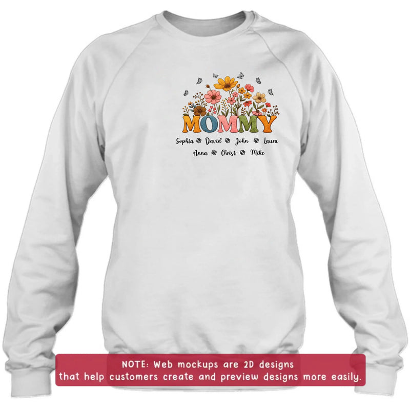 Personalized Mommy Birth Flower Embroidered Shirt/ Hoodie - Custom Kids Names Floral Mother’s Day Gift for Mom with up to 7 Kids